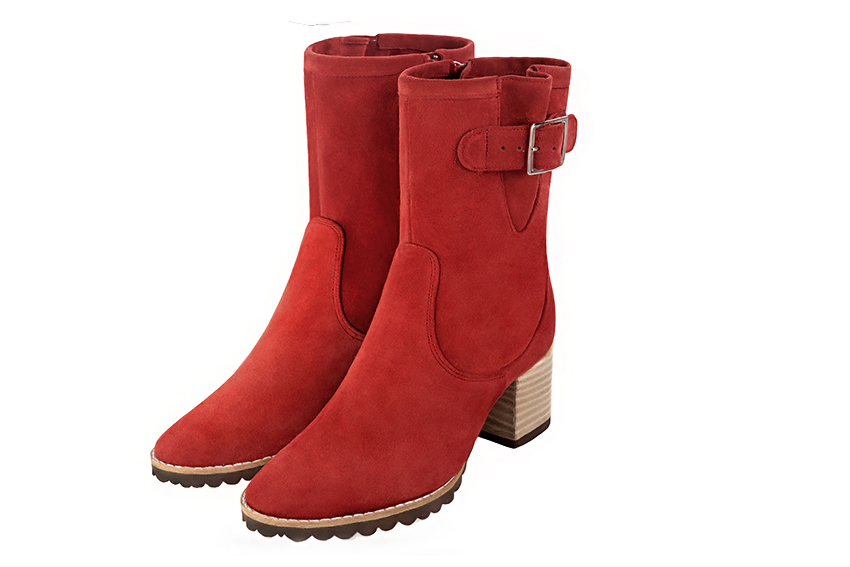 Scarlet red women's ankle boots with buckles on the sides. Round toe. Medium block heels. Front view - Florence KOOIJMAN